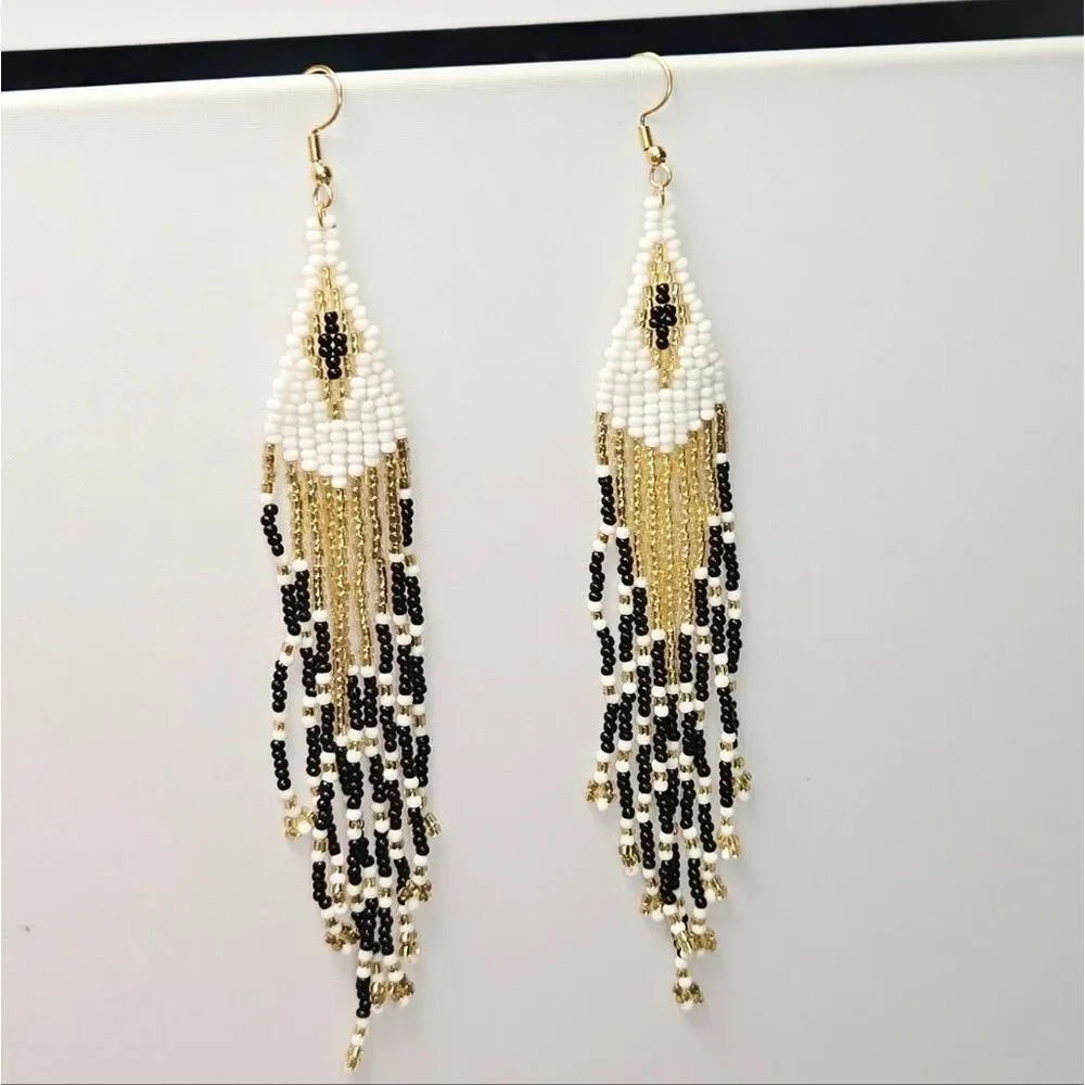 White Gold Black Glass Seed Beaded Fringe Earrings – Long Geometric Statement
